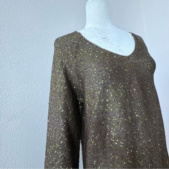 Carmen Marc Valvo Olive Green Sweater Sequin Sparkle Long Sleeve Size Large - Picture 3 of 15